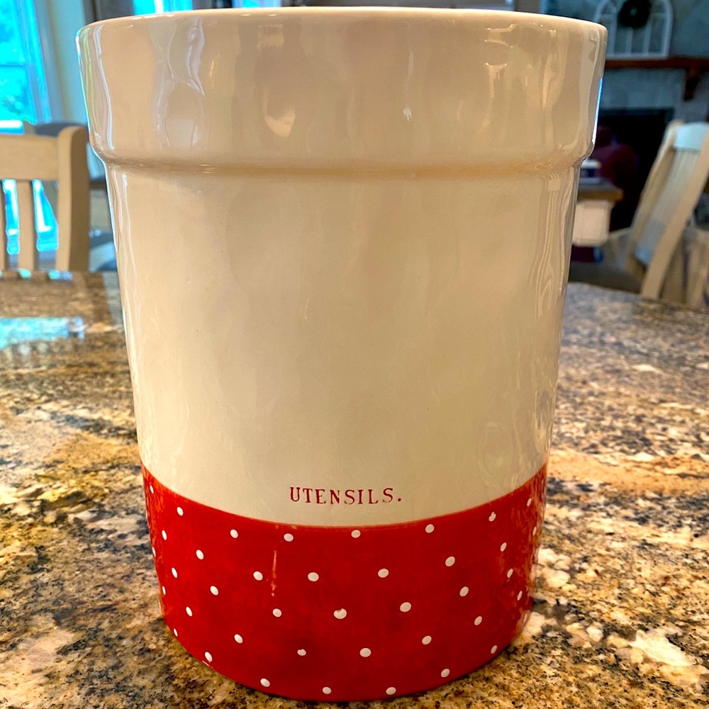 Rae Dunn White and Red Polka Dot Ceramic Utensil Crock